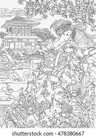 
Coloring pages . Japanese woman on a background of conventional Oriental landscape .