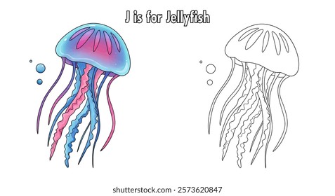 Coloring Pages of Jellyfishs with words J is for jellyfish