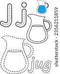 Coloring pages of jug and the letter J. Suitable for use in children