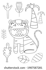 Coloring pages of jungle animals. Cute tiger open mouth vector illustration