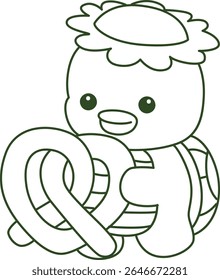 Colorir páginas de Kawaii mitologia japonesa Kappa adesivo bonito. Contorno de Kappa bonito mascote fantasma japonês. contorno de Kappa trazer um waffle