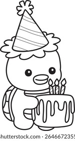Colorir páginas de Kawaii mitologia japonesa Kappa adesivo bonito. Contorno de Kappa bonito mascote fantasma japonês. contorno de Kappa trazer um bolo de aniversário 