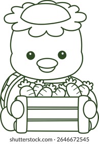 Colorir páginas de Kawaii mitologia japonesa Kappa adesivo bonito. Contorno de Kappa bonito mascote fantasma japonês. contorno de Kappa trazer um monte de cenouras