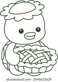 Colorir páginas de Kawaii mitologia japonesa Kappa adesivo bonito. Contorno de Kappa bonito mascote fantasma japonês. contorno de Kappa trazer uma torta Cherry 