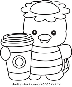 Colorir páginas de Kawaii mitologia japonesa Kappa adesivo bonito. Contorno de Kappa bonito mascote fantasma japonês. contorno de Kappa trazer uma xícara de café 