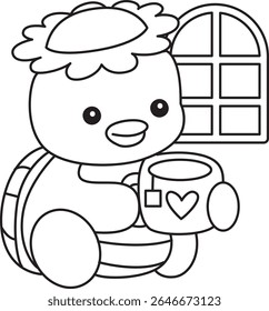 Colorir páginas de Kawaii mitologia japonesa Kappa adesivo bonito. Contorno de Kappa bonito mascote fantasma japonês. contorno de Kappa bebendo um chá quente