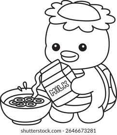 Colorir páginas de Kawaii mitologia japonesa Kappa adesivo bonito. Contorno de Kappa bonito mascote fantasma japonês. contorno de Kappa derramando um leite na tigela de cereal.