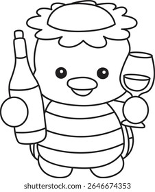 Colorir páginas de Kawaii mitologia japonesa Kappa adesivo bonito. Contorno de Kappa bonito mascote fantasma japonês. contorno de Kappa bebendo um vinho ou cerveja