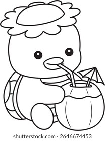 Colorir páginas de Kawaii mitologia japonesa Kappa adesivo bonito. Contorno de Kappa bonito mascote fantasma japonês. contorno de Kappa beber um coco bebida