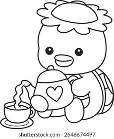 Colorir páginas de Kawaii mitologia japonesa Kappa adesivo bonito. Contorno de Kappa bonito mascote fantasma japonês. contorno de Kappa derramando um chá de bule