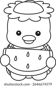 Colorir páginas de Kawaii mitologia japonesa Kappa adesivo bonito. Contorno de Kappa bonito mascote fantasma japonês. contorno de Kappa trazer uma melancia