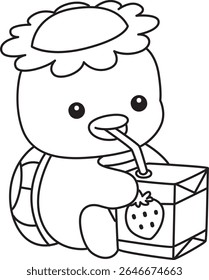Colorir páginas de Kawaii mitologia japonesa Kappa adesivo bonito. Contorno de Kappa bonito mascote fantasma japonês. contorno de Kappa bebendo um leite de morango