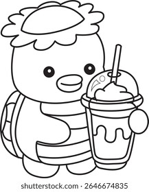 Colorir páginas de Kawaii mitologia japonesa Kappa adesivo bonito. Contorno de Kappa bonito mascote fantasma japonês. contorno de Kappa trazer um milkshake