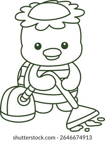 Colorir páginas de Kawaii mitologia japonesa Kappa adesivo bonito. Contorno de Kappa bonito mascote fantasma japonês. contorno de Kappa limpando o chão com aspirador de pó 