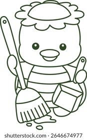 Colorir páginas de Kawaii mitologia japonesa Kappa adesivo bonito. Contorno de Kappa bonito mascote fantasma japonês. contorno de Kappa limpando o chão com espanador e vassoura