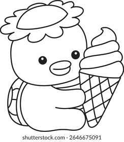 Colorir páginas de Kawaii mitologia japonesa Kappa adesivo bonito. Contorno de Kappa bonito mascote fantasma japonês. contorno de Kappa trazer um sorvete de morango