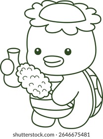 Colorir páginas de Kawaii mitologia japonesa Kappa adesivo bonito. Contorno de Kappa bonito mascote fantasma japonês. contorno de Kappa limpeza do vaso com polvilho de penas