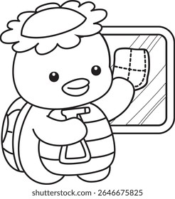 Colorir páginas de Kawaii mitologia japonesa Kappa adesivo bonito. Contorno de Kappa bonito mascote fantasma japonês. contorno de Kappa limpando a janela com spray e limpe