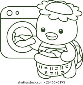 Colorir páginas de Kawaii mitologia japonesa Kappa adesivo bonito. Contorno de Kappa bonito mascote fantasma japonês. contorno de Kappa limpando as roupas na máquina de lavar