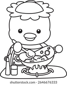 Colorir páginas de Kawaii mitologia japonesa Kappa adesivo bonito. Contorno de Kappa bonito mascote fantasma japonês. contorno de Kappa cozinhar um arroz frito