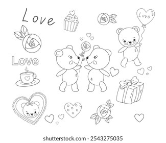 Dibujos para colorear para niños, adultos. Lindos osos de peluche con globos, animales, flores, rosa, amor., día de San Valentín. Libro para colorear. Para las niñas. Ilustración vectorial aislada sobre fondo blanco.