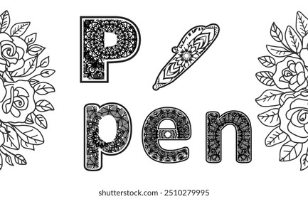 Coloring pages for kids and adults letter P with pen word mandala book design