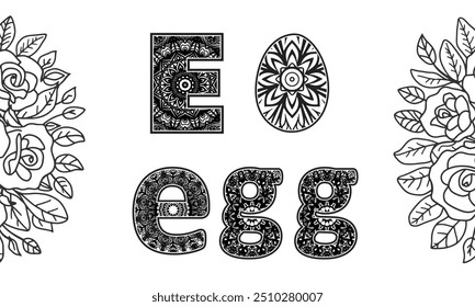 Coloring pages for kids and adults letter E with word, egg mandala book design template