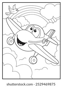 coloring pages for kids. A cheerful airplane soaring through a sky filled with puffy clouds and a rainbow. children's coloring books, fun and educational materials.
