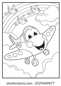 Dibujos para colorear para niños. Un alegre avión volando por un cielo lleno de nubes hinchadas y un arco iris. libros para colorear para niños, materiales divertidos y educativos.
