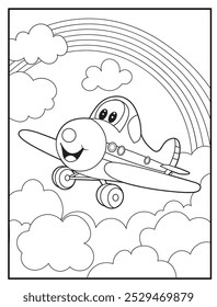 coloring pages for kids. A cheerful airplane soaring through a sky filled with puffy clouds and a rainbow. children's coloring books, fun and educational materials.
