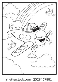 coloring pages for kids. A cheerful airplane soaring through a sky filled with puffy clouds and a rainbow. children's coloring books, fun and educational materials.
