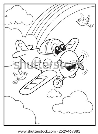 coloring pages for kids. A cheerful airplane soaring through a sky filled with puffy clouds and a rainbow. children's coloring books, fun and educational materials.
