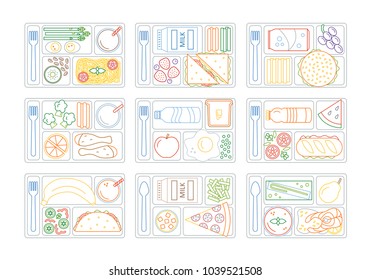 Coloring pages for kids with colorful border. Set lunches on a tray. Line style. Vector illustration.