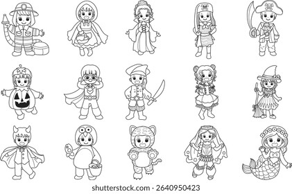 Coloring pages of kids costume in halloween party. outline of kids with variation costume