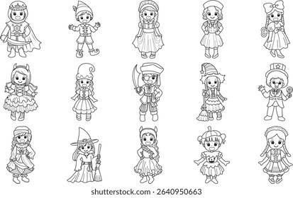 Coloring pages of kids costume in halloween party. lineart of children in variation costume