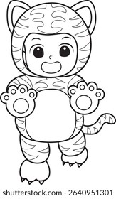 Coloring pages of kids costume in halloween party. outline of kids with Tiger costume