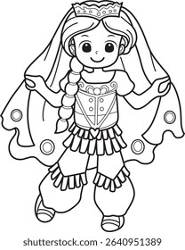 Coloring pages of kids costume in halloween party. outline of kids with India costume