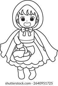Coloring pages of kids costume in halloween party. outline of kids with red riding hood costume