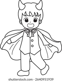 Coloring pages of kids costume in halloween party. outline of kids with devil costume 