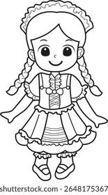 Colorir páginas de fantasia infantil na festa de Halloween. Contorno de menina usando um traje de empregada e com dois centopeias de cabelo