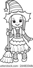 Colorir páginas de fantasia infantil na festa de Halloween. Contorno de menina bonita usando um traje de bruxa