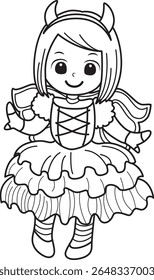 Colorir páginas de fantasia infantil na festa de Halloween. Contorno de traje de menina borboleta