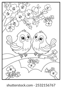 coloring pages for kids. Cute sparrows perched on a flowering tree branch. Children coloring book illustration