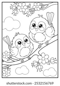 coloring pages for kids. Cute sparrows perched on a flowering tree branch. Children coloring book illustration