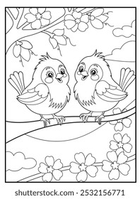 coloring pages for kids. Cute sparrows perched on a flowering tree branch. Children coloring book illustration