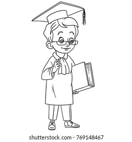 Coloring pages for kids. Design for children's colouring book. Cartoon Graduating boy in glasses and graduation cap. 