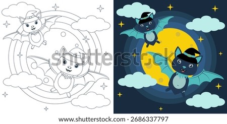 Coloring pages for kids, educational activities, color the picture, Outlined Cartoon bats, stars, moon, sky, Halloween