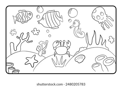 Coloring pages for kids featuring under the sea creatures. Great for educational activities, school projects, oceanthemed events, and kids entertainment.