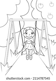 Coloring pages for kids. Girl On A Swing. Beautiful garden