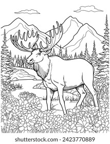 coloring pages for kids Moose on flowers